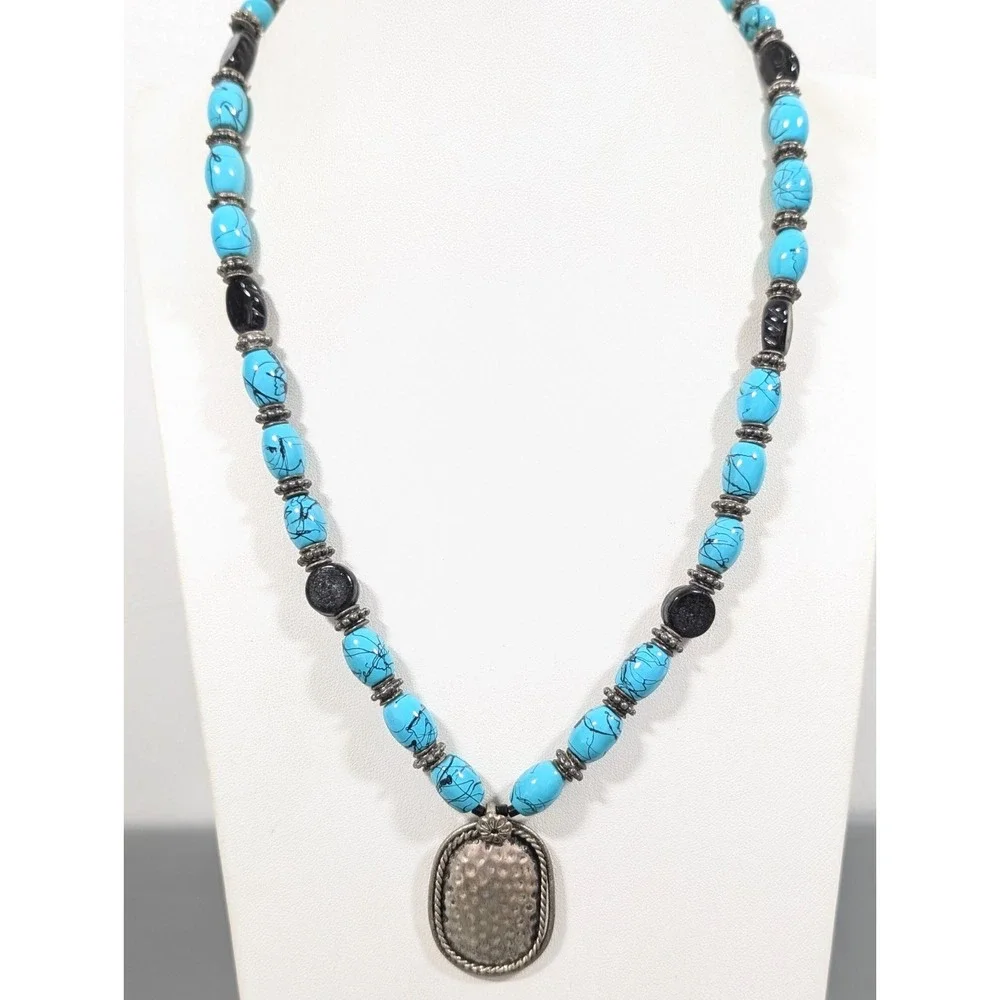 Boho Tribal Blue Faux Turquoise Black Glass Bead‎ Hammered Necklace 21 in